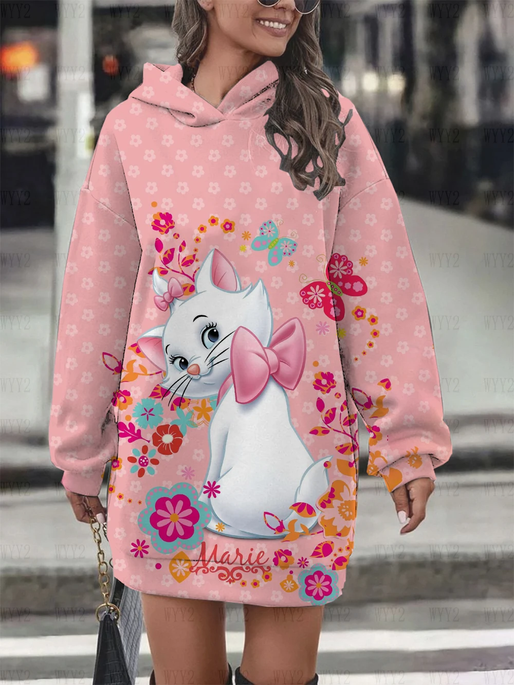 New Women\'s Hoodie Sweater Dress Disney Marie Cat Print Hooded Long Sleeve Dress Fashion Street Style Winter Clothing