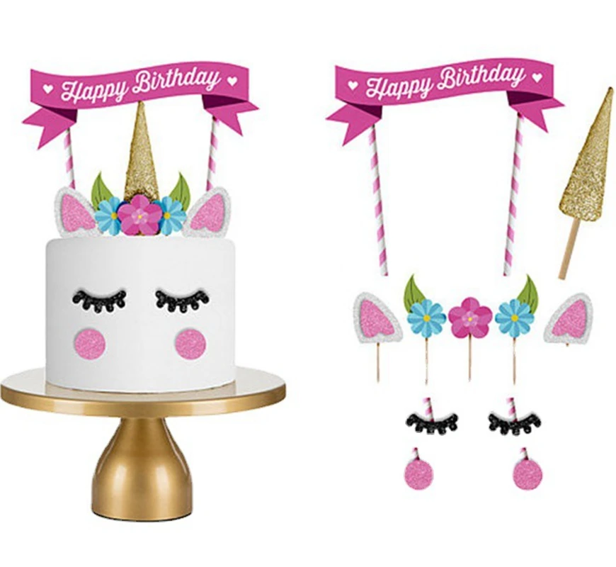 Adornos de unicornio para Tartas, decoraciones para tartas de fiesta de cumpleaños para niños, banderas para tartas de Baby Shower, suministros para