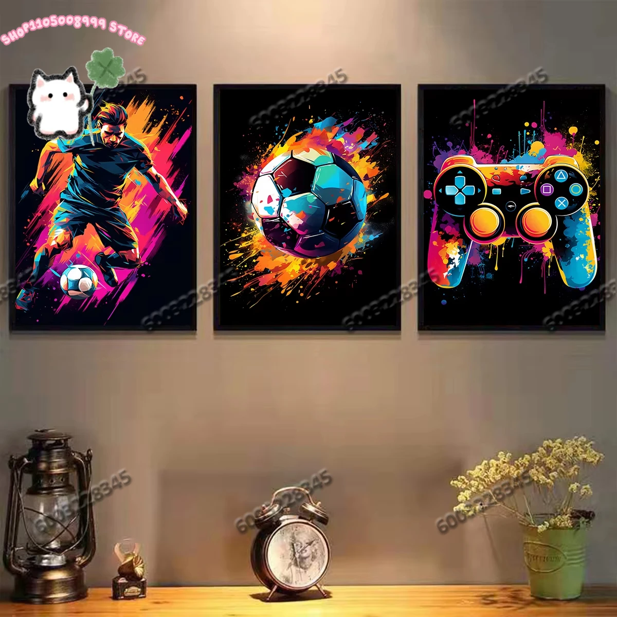 3-teiliges Set Rahmenlose Neon-Gaming-Fußball Leinwanddrucke Poster Trendige Pop-Aesthetics Kunst Schlafzimmer Wandkunst Heim-Dekoration Kunstposter