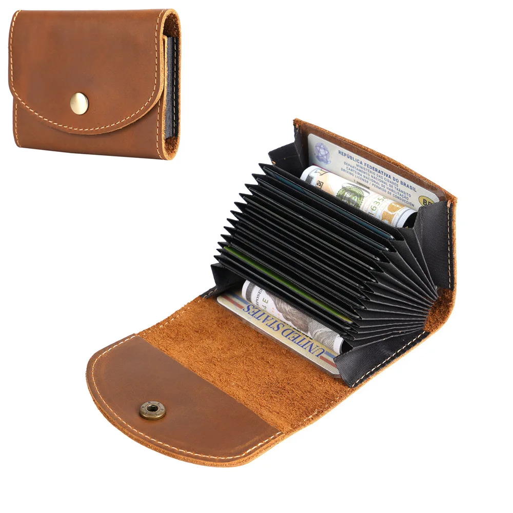 Retro top layer cowhide men's short card bag, student Japanese-style simple buckle wallet, loose change card bag