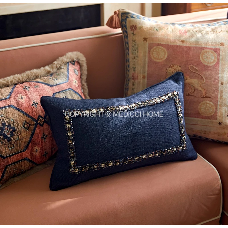 Medicci Home Luxury Beaded Cushion Cover Regal Metallic Pillow Navy Blue Lumbar Pillowcase With Gorgeous Sequin And Beads Detail