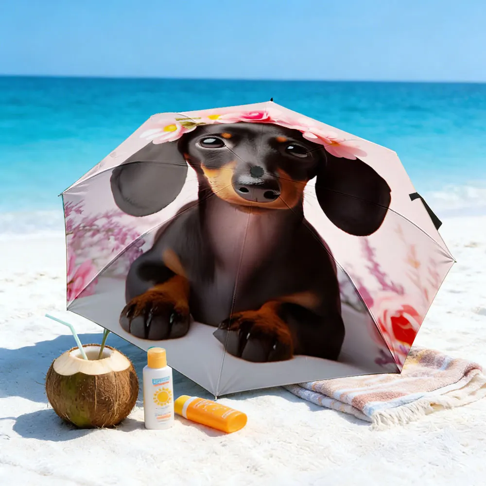 1PC Adorable Dachshund-Themed Umbrella by a Scenic Lake Print 8 Iron Ribs Folding Umbrella Auto-Open Fashion Sunshade