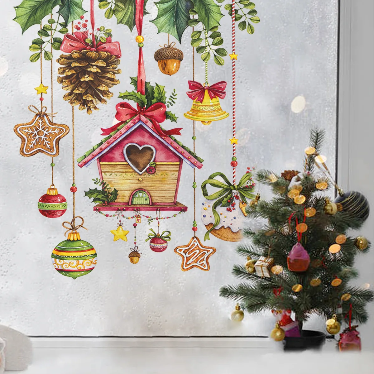 Christmas Glass Stickers Wooden House Pine Nut Winsow Sticker Glass Wall Decor Merry Christmas 2025 Stickers Happy New Year