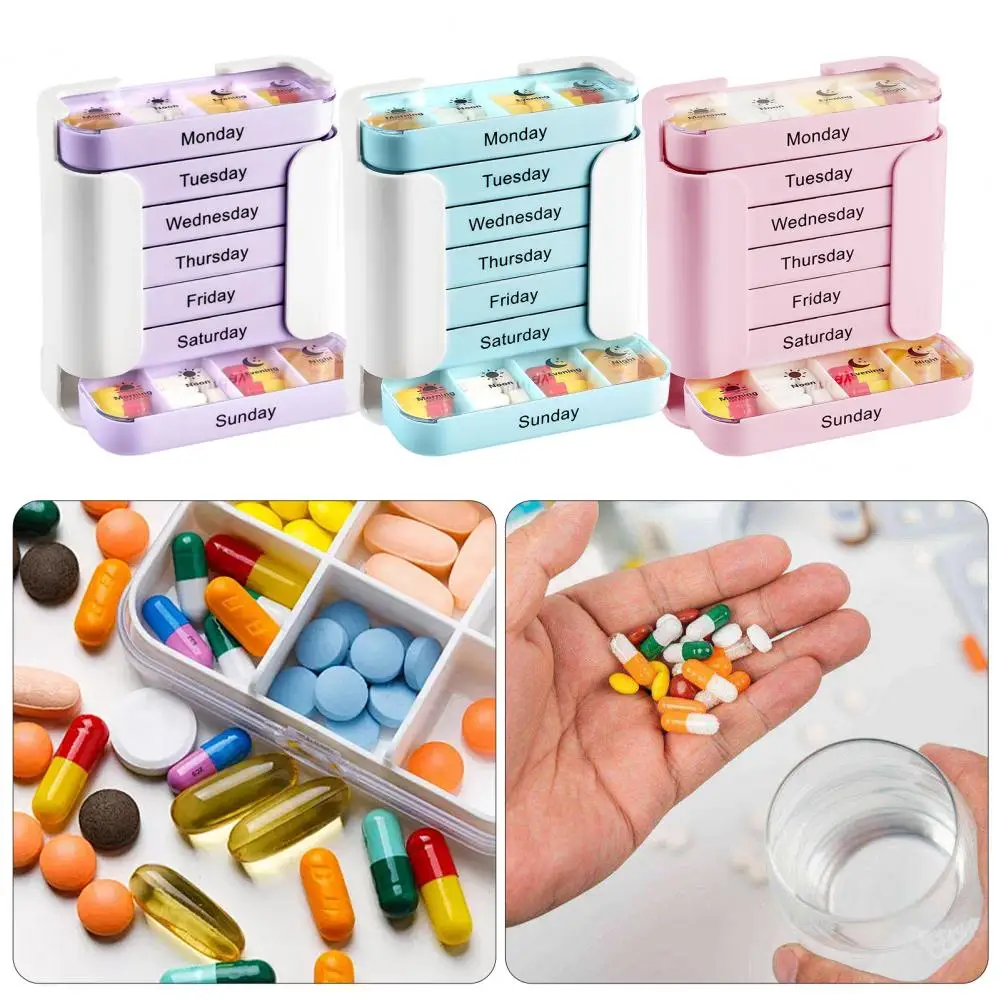 週間ピルオーガナイザー-7日間-1日4回分-28コンパートメント-取り外し可能な引き出し式-薬箱-ポータブルピルケース付き