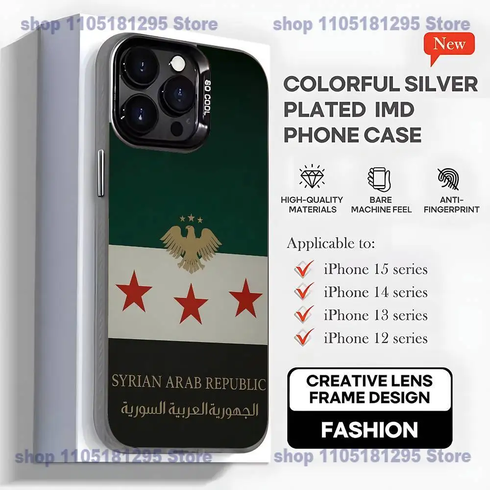 Casing HP Logo Lambang Nasional Bendera Suriah Untuk iPhone17,16,15,14,13,12,11,Mini,Pro,MAX,plus, Hitam Matte Anti Benturan