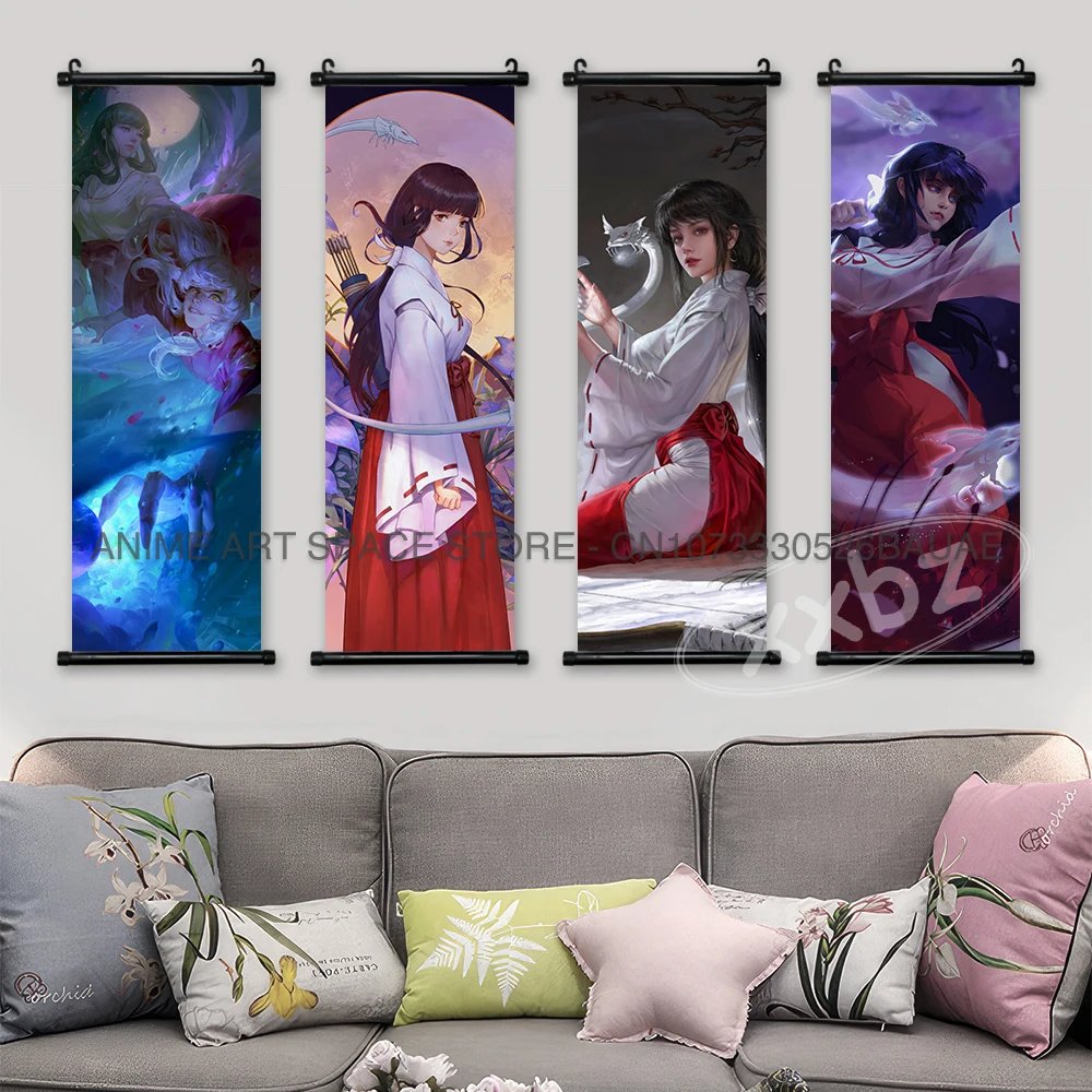 Inuyasha Hanging Painting Higurashi Kagome Wall Art Cartoon Kikyou Home Decorative Sesshoumaru Anime Poster Sango Scroll Picture