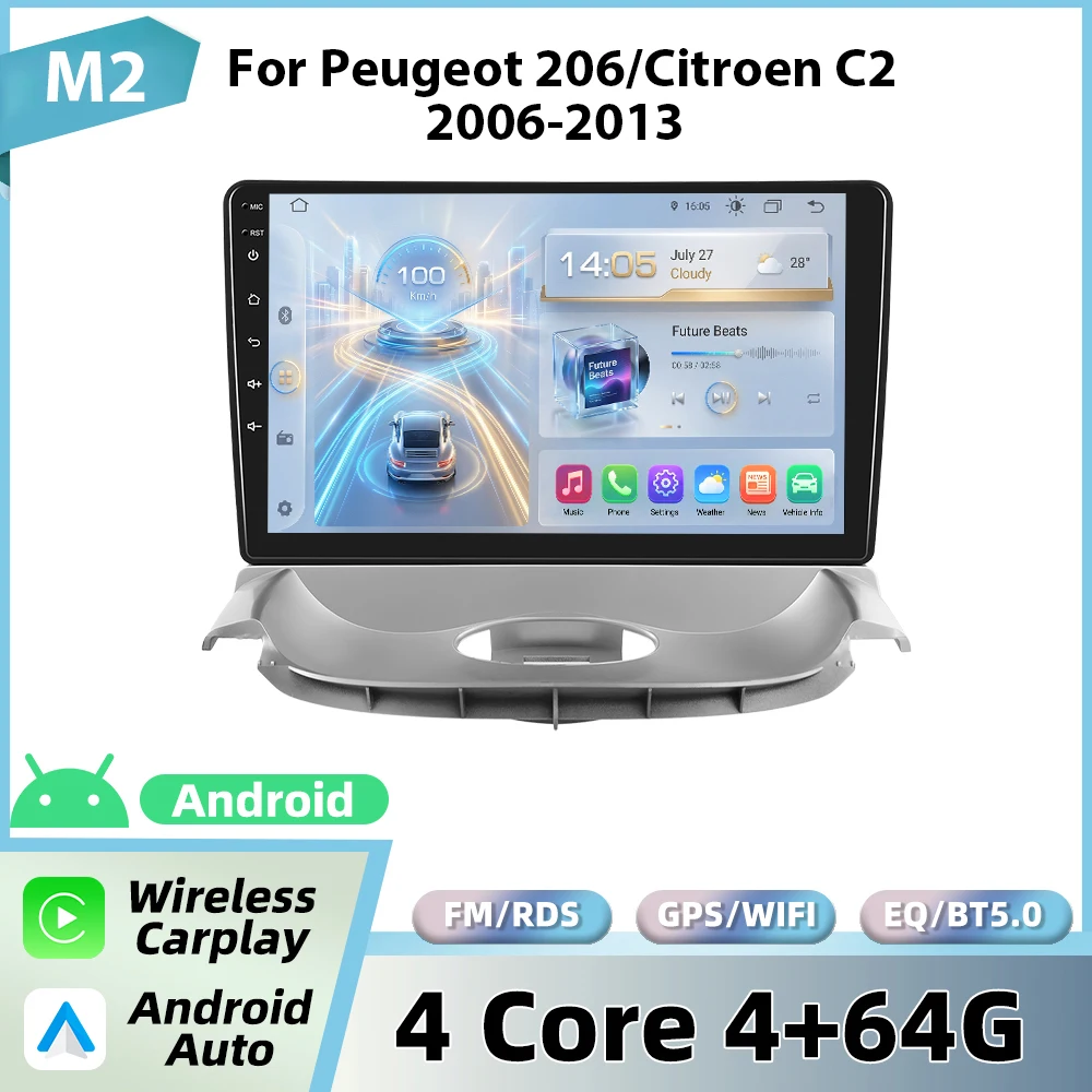 Podofo autoradio voor Peugeot 206 2004-2008/Citroen C2 2006-2013 met draadloze CarPlay, Android Auto, GPS, FM, WiFi, BT en multimedia stereo.