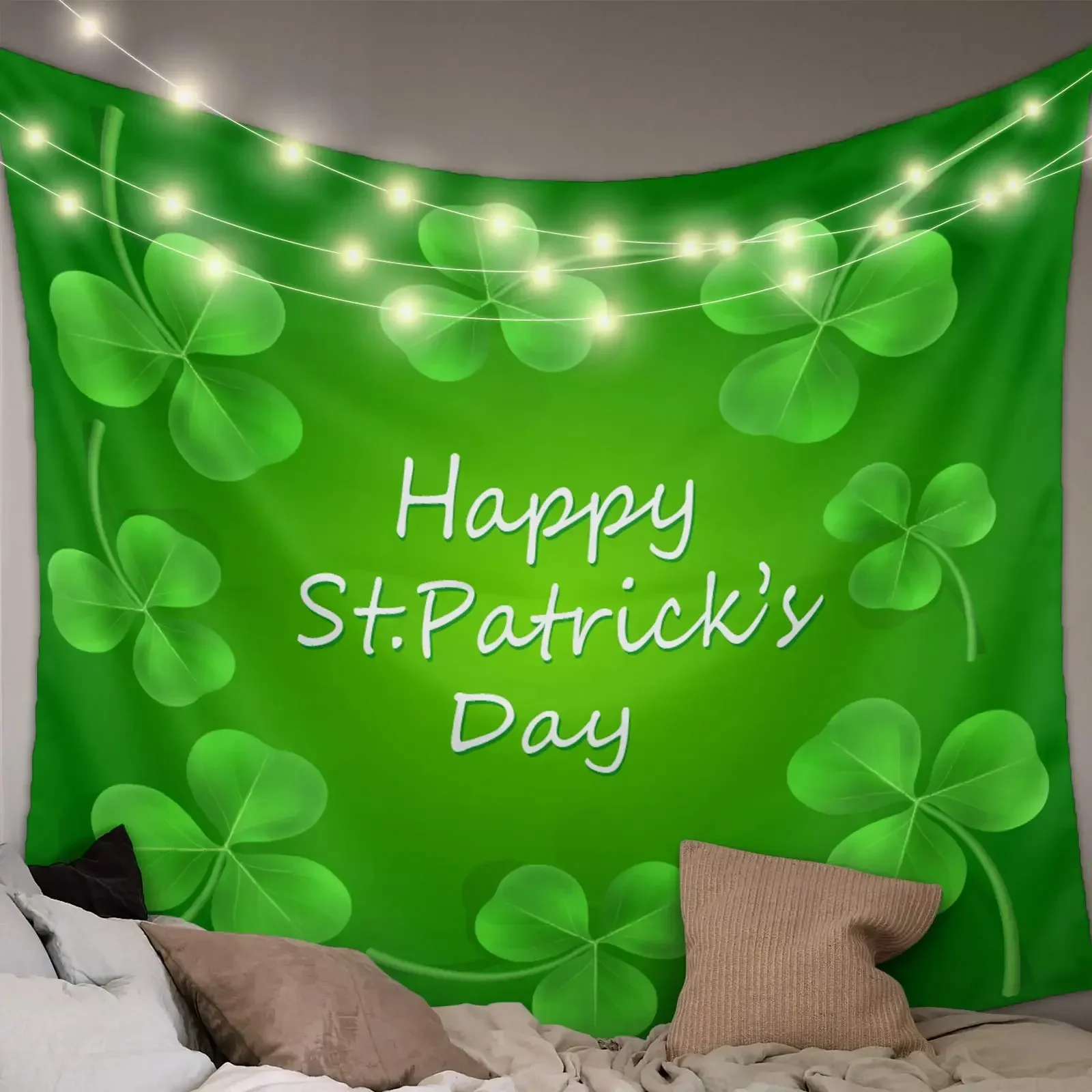 Happy St Patrick's Day Clover Party Tapestry Green Shamrock Tapestry Wall Hanging Art for Bedroom Living Room Dorm Home Decor