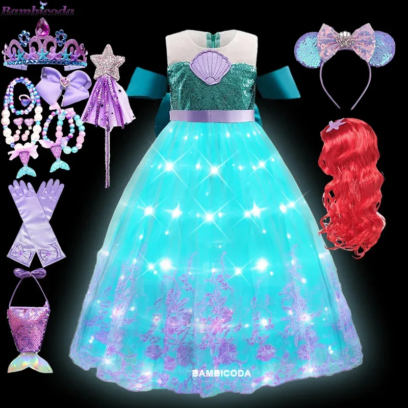

LED Light Up Dress Girls Princess Dresses Cosplay Little Mermaid Ariel Costume Carnival Birthday Party Children Fancy Dress