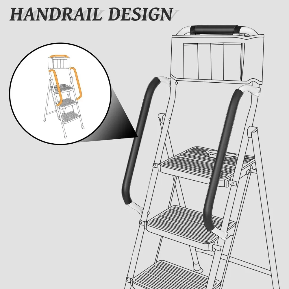 Escalera plegable para taburete con pasamanos y bolsa de herramientas acoplable, capacidad de 500 libras, pedales antideslizantes anchos para despensa de cocina
