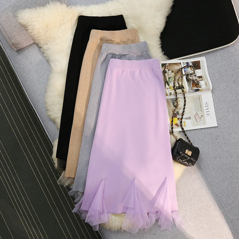 Mesh Splicing Knitted Skirt Women 2024 New Autumn Winter Warm Thick Elastic High Waisted Irregular Midi Long Skirt Party