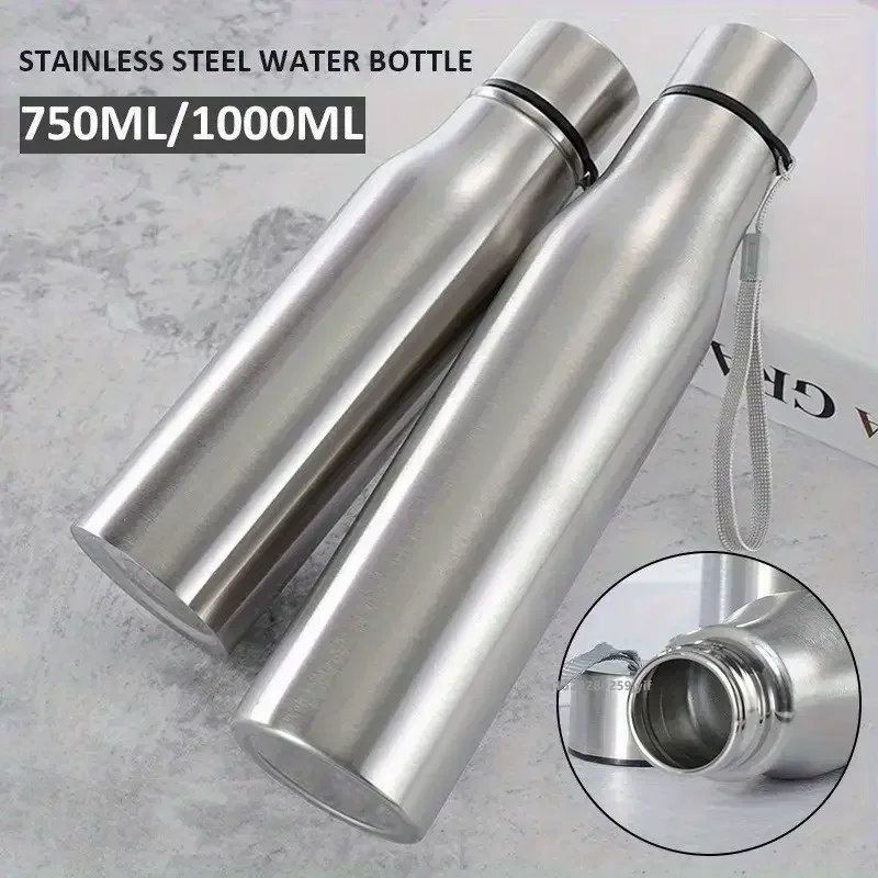 Botella de agua de acero inoxidable de 750ml/1000ml, botella de gran capacidad de una sola pared con correa de transporte para deportes de senderismo al aire libre, 1 Uds.