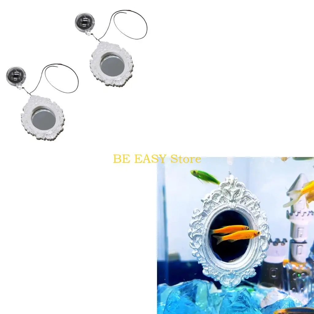E28F Pet Fish Mirror Pair, 2 Pack Hanging Glass Training Set with Suction Cup Cord and Round Frame for Small Habitats