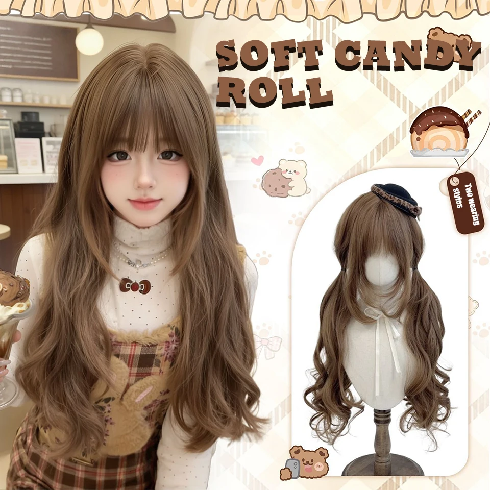 Soft candy roll wig Lolita style long curly hair trimming sideburns full head cover daily Cosplay Lolita outfit available
