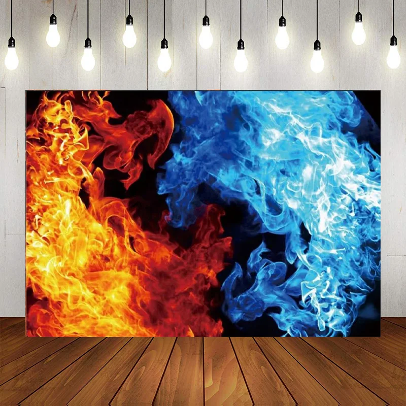 Ice Fire Backdrop Photography Blue Water Red Flame Artistic Photographic Background Birthday Party Decor Banner