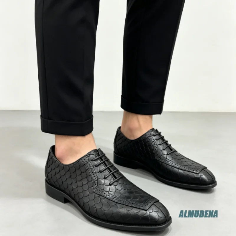 Black Square Toe Fish Scale Embossed Shoes Men Outdoor Spring Autumn Trendy Wedding Office Party Business Walking Dress Shoes