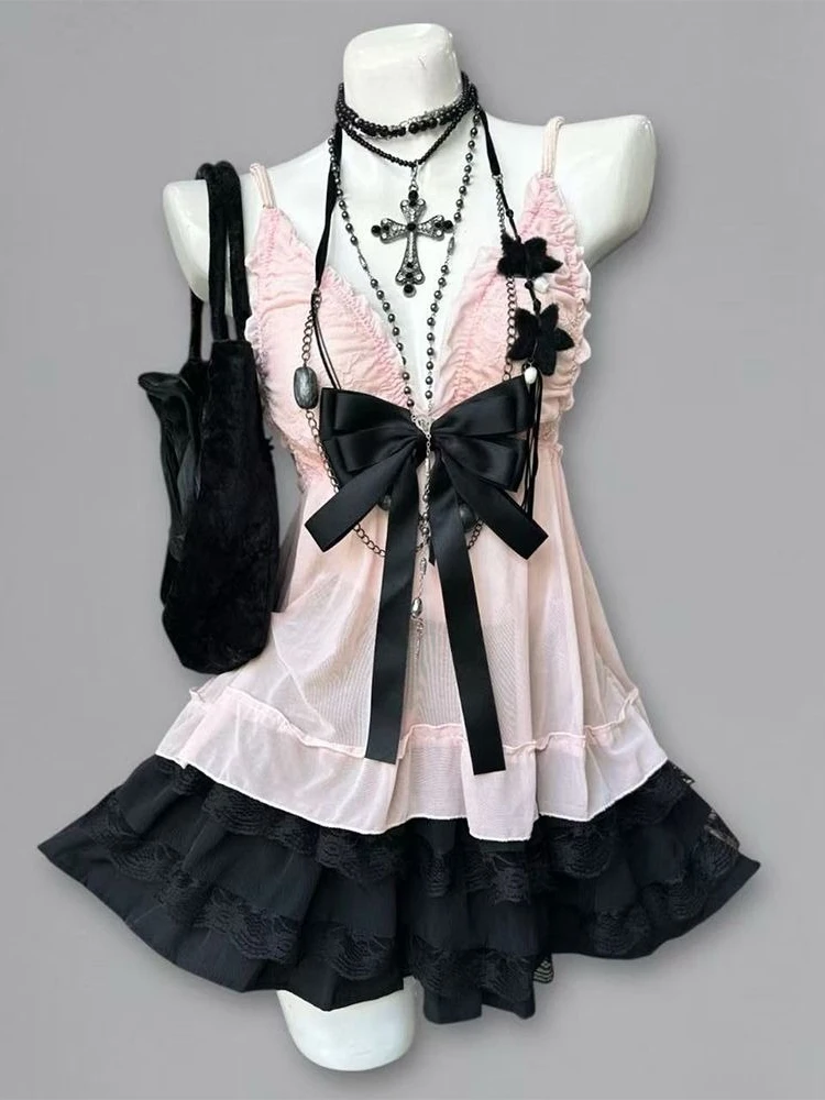 Summer Vintage Subculture Design Spicy Girls Suit Sweet Dark Hepburn Bow Pink Sling + Black Cardigan Short Skirt 3-piece Set view 4