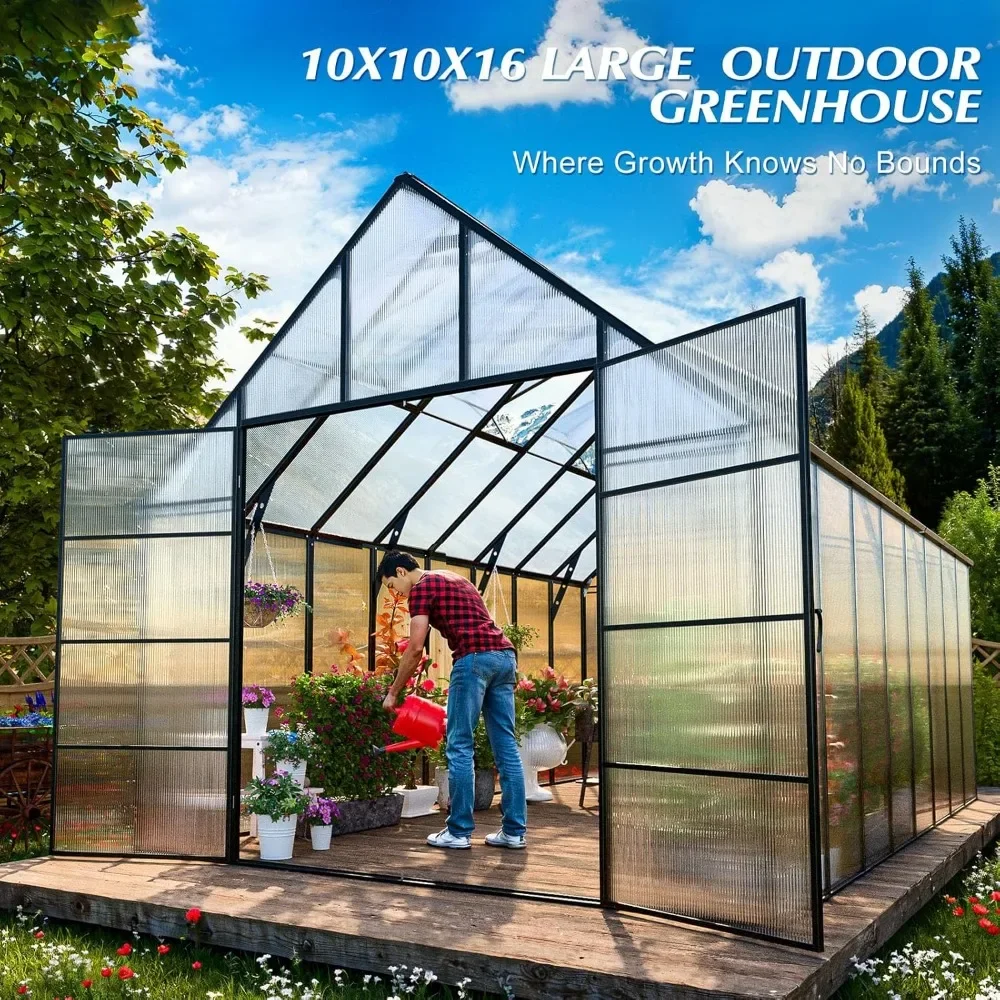 Outdoor Greenhouse 10x10x16 FT, Polycarbonate Green Houses with EZ Assy Connector, Hinged Roof Vent, Swing Doors, Greenhouse