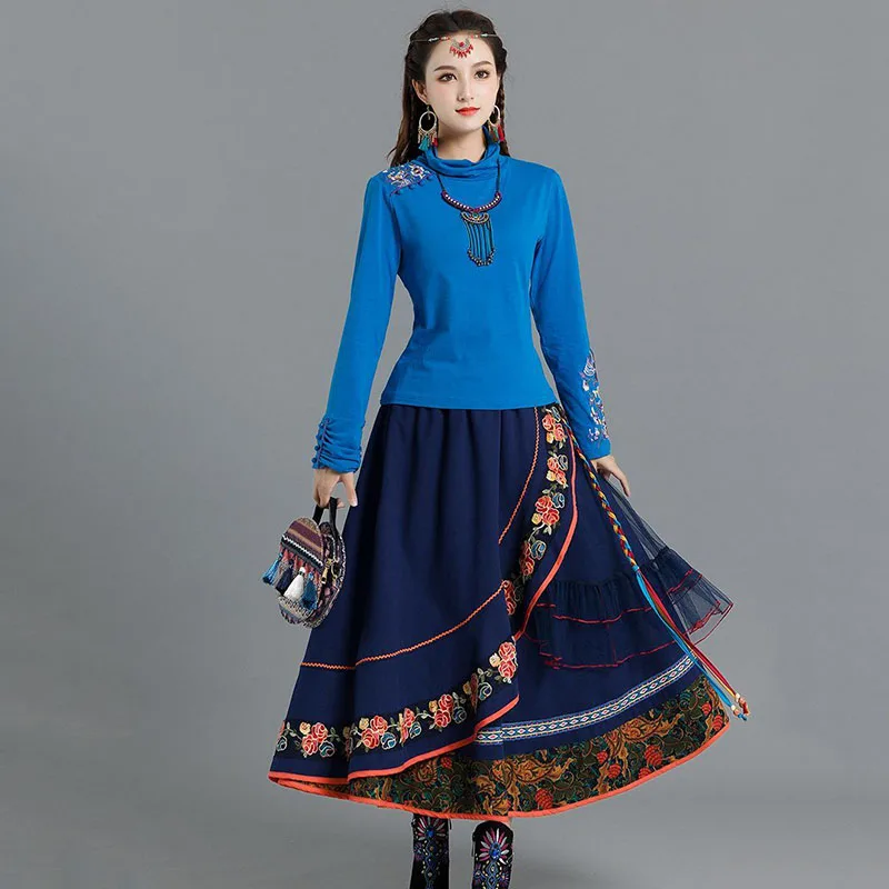 Autumn And Winter New Ethnic Retro Embroidery Irregular Tulle Big Skirt Ladies Slim Fashion Ethnic Retro Literary Skirt Female