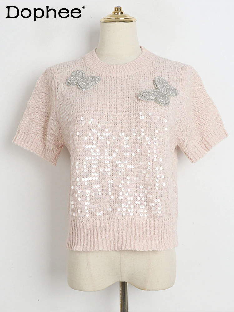 

Simple Graceful Round Neck Short Sleeves Sweater 2024 Spring Summer New Elegant Butterfly Sequins Pullover Knitted Top Women