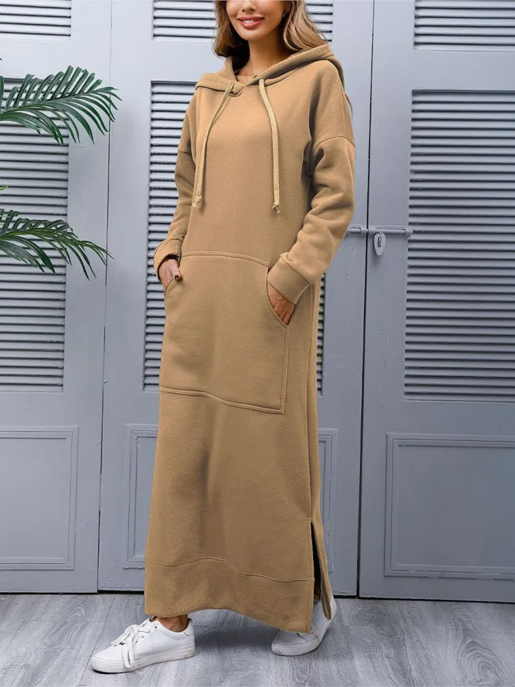 Autumn Winter New Women\'s Loose Large Knitted Hooded Long Skirt With Velvet Hoodie Casual Fashion Dress Large Pocket Skirt
