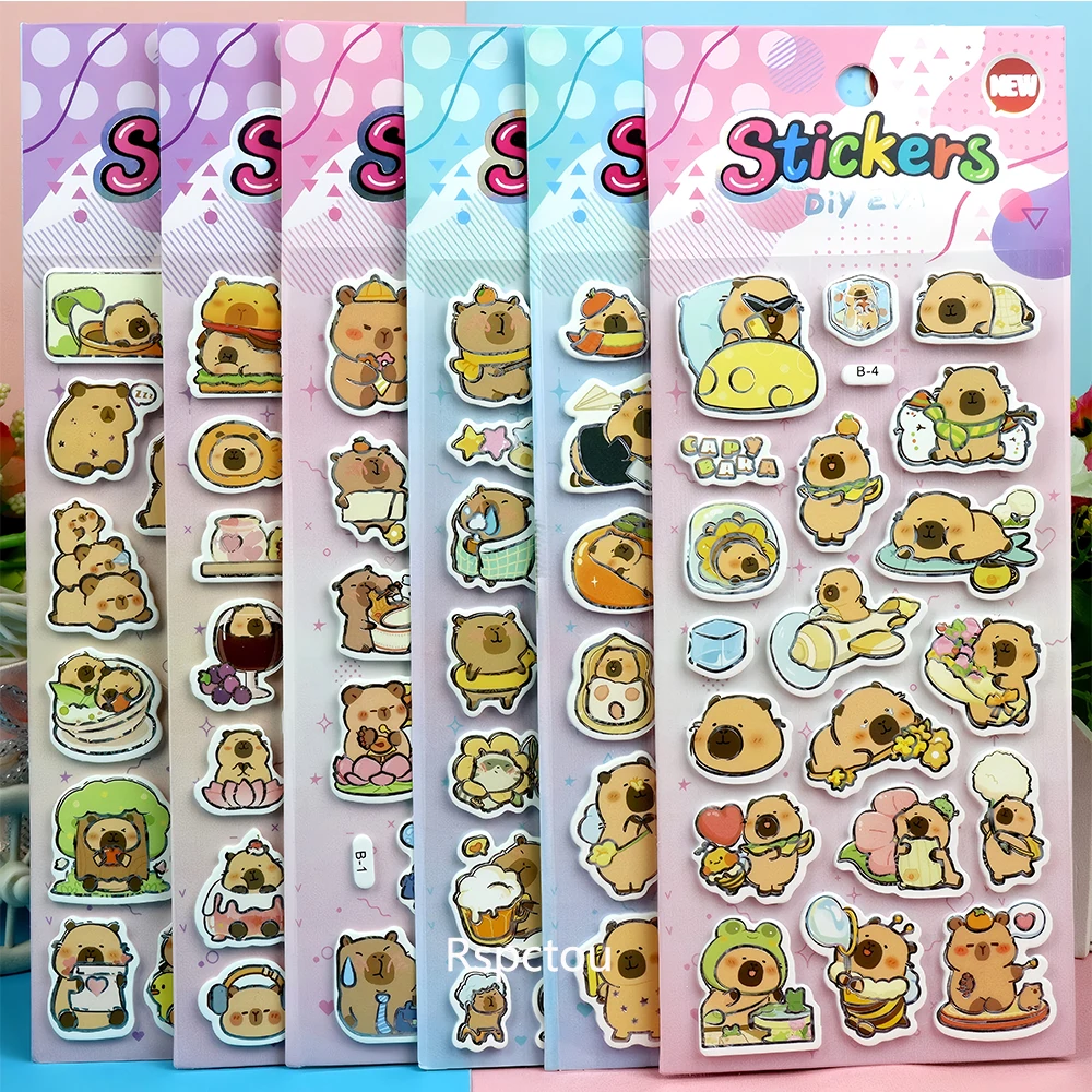 

6pcs Cartoon Capybara 3D Puffy Stickers Cute Animal Three-dimensional Bubble Decals Suitcase Notebook Phone Kawaii Sticker Gift