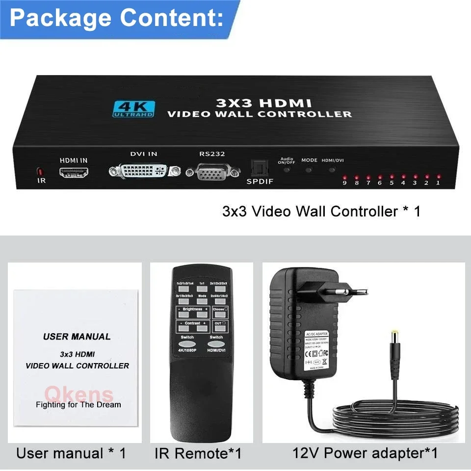 4K 3X3 Video Wall Controller DVI HDMI Wall Controller TV Splicing Processor 1X3 2x3 2x4 4x2 9 Screen TV Splicer Box with RS232