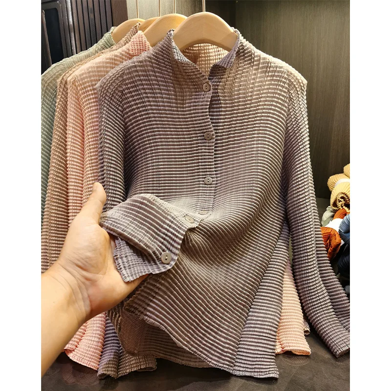 Miyake Folds New 2025 Japanese Corn Grain Shirt Female Fashion Thin Single-breasted Long-sleeved Cardigan with Sun Shirt