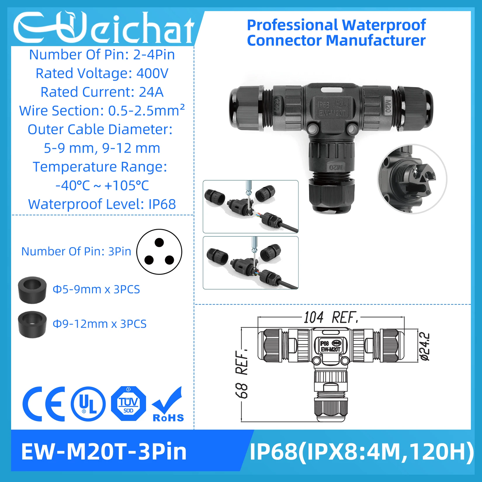 Screw Wiring Waterproof Connector IP68 Outdoor Extension Cable Connector Electrical Quick Wiring Assembly Junction Box