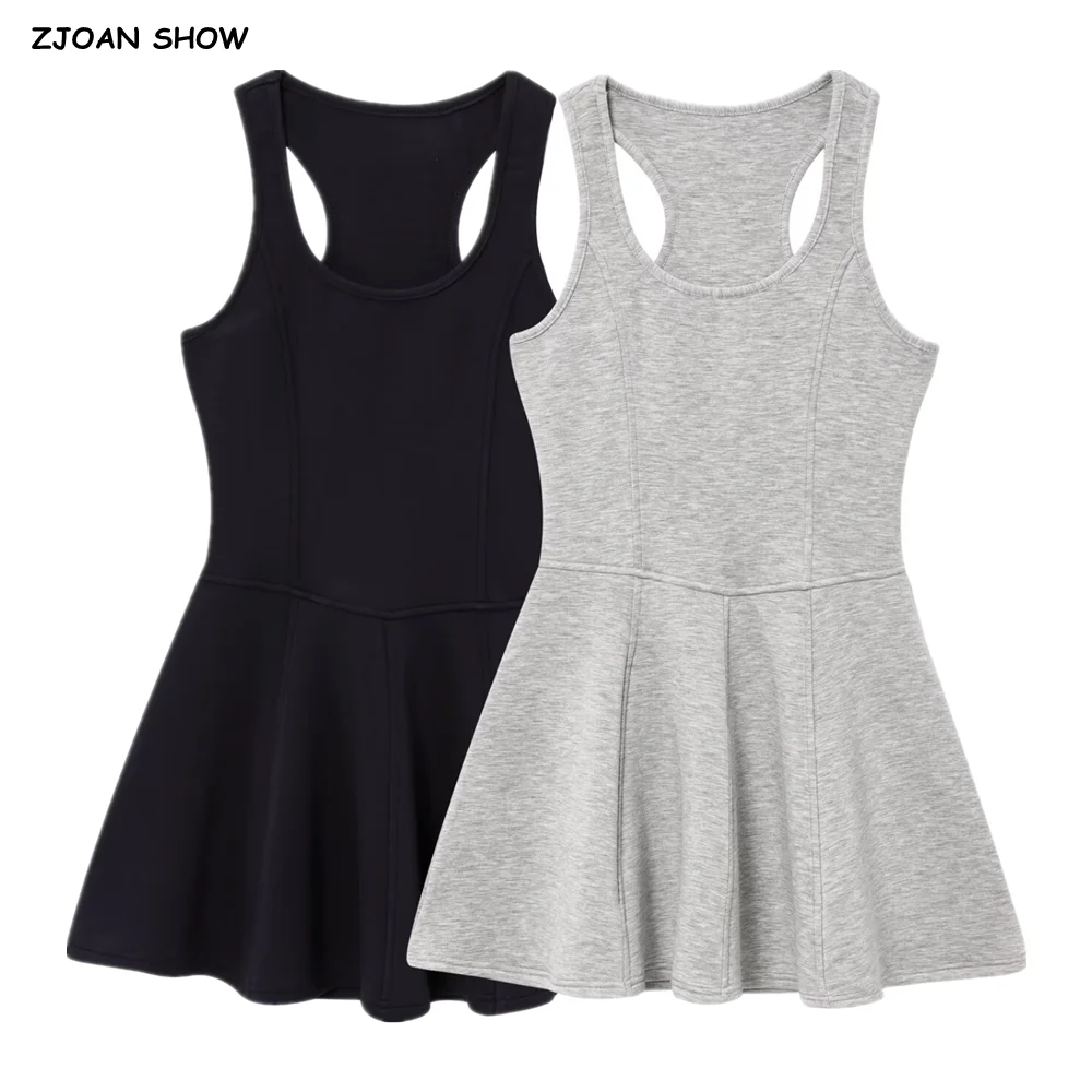 2025 sexy gola redonda cortar ombro tanque vestido feminino cintura fina a-forrado sem mangas vestidos curtos esportes robe cinza