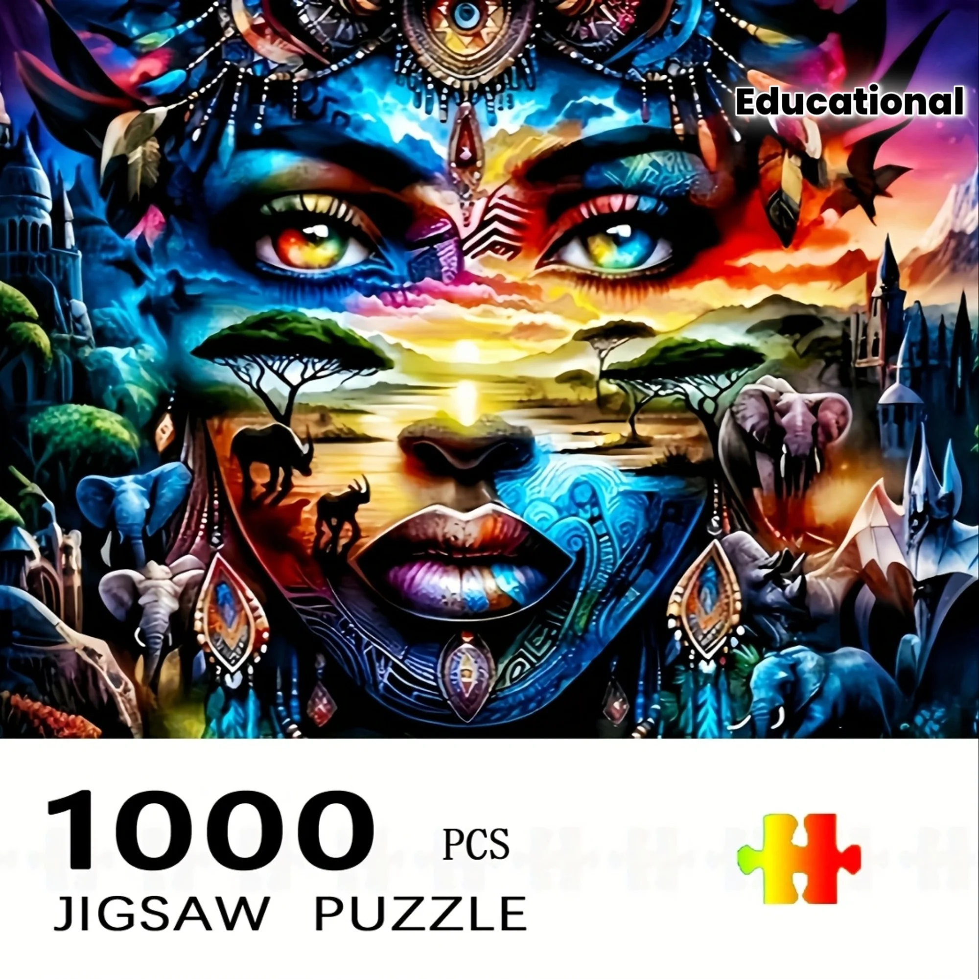 Home Decor Wall Art - 1000pcs Elephant African Wildlife Jigsaw Puzzle - with Woman Portrait, Large Puzzle for Adults & Familie