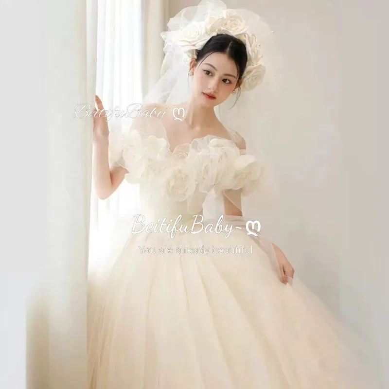 

BeitifuBaby Bride's Party Dresses One Shoulder Three Dimensional Flowers Sleeveless Lace-up Ball Gown Wedding Dress for Women