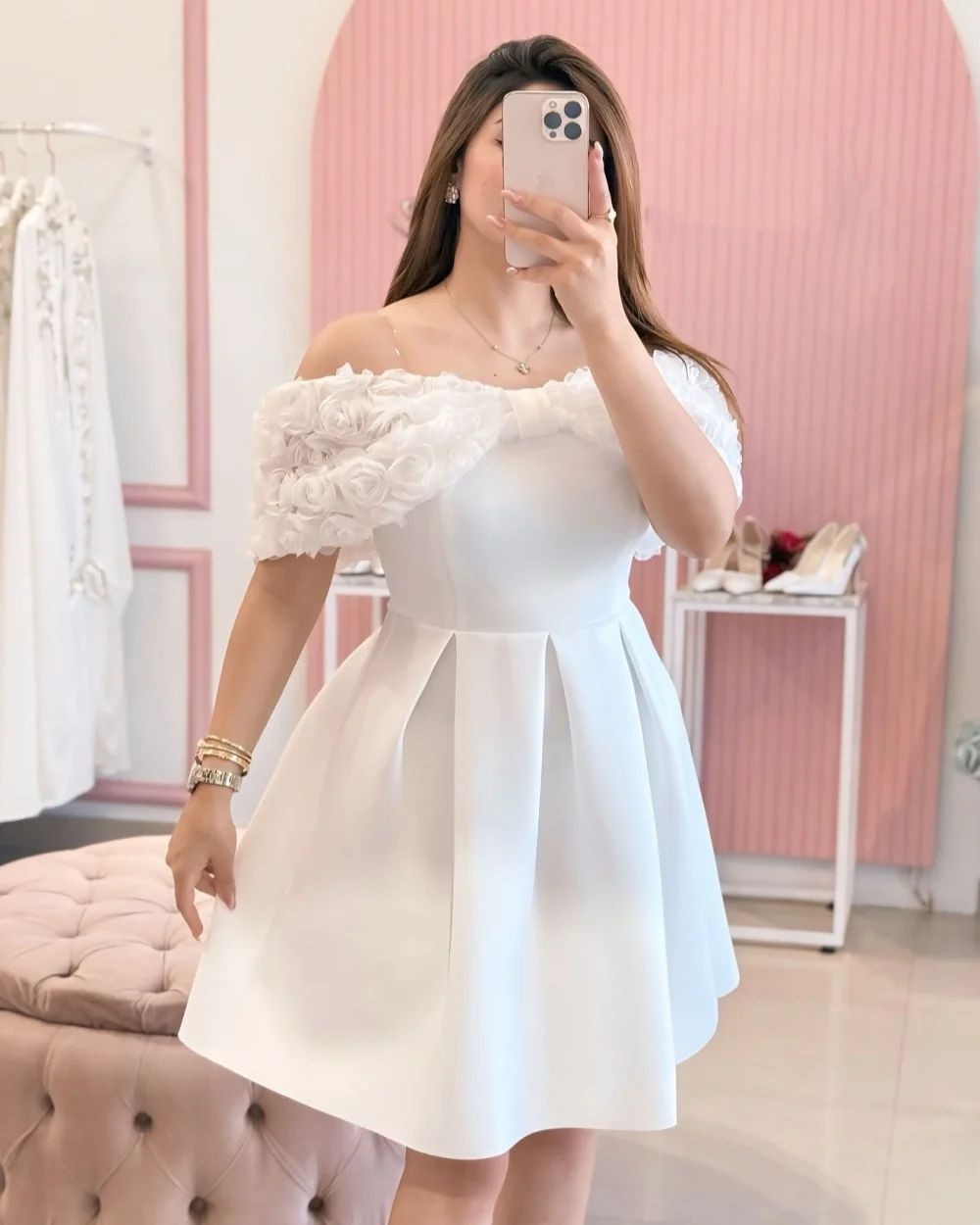 

Customized Matching Fashion Charmeuse Handmade Flower A-line Off-the-shoulder Mini Dresses Bespoke Occasion Dresses Classic