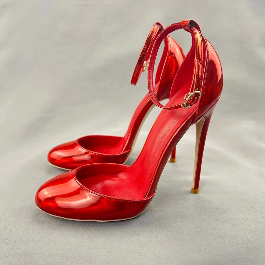 Tikicup Shiny Red 12cm High Heels Cute Mary Jane Designer Ankle Strap Glossy Patent Stilettos Round toe Comfort Pumps for Party
