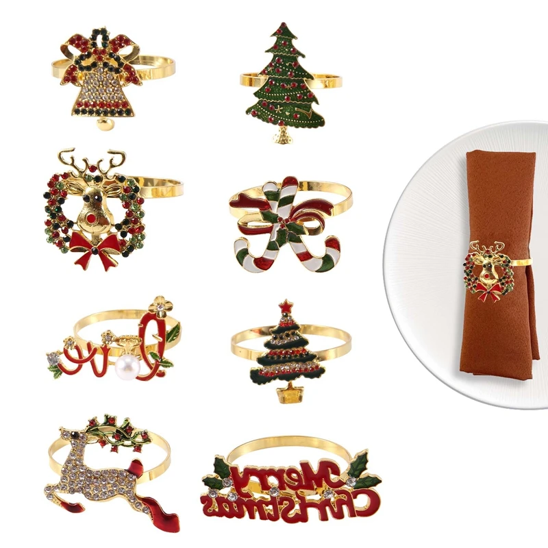 Christmas Napkin Rings - Set Of 8 Napkin Holder Rings For Holiday Christmas Table Decoration Elk Napkin Buckle