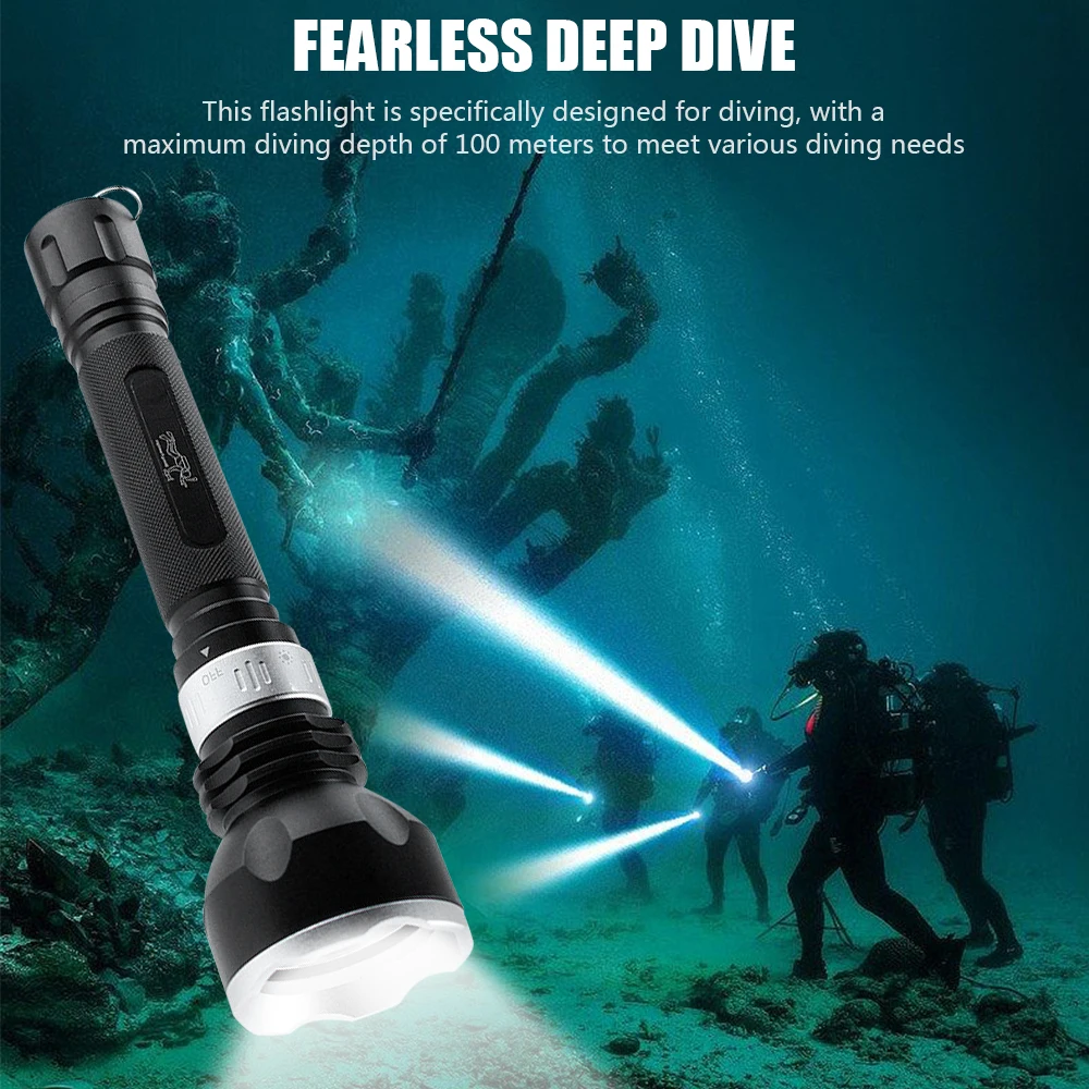 IP68 Highest Waterproof Rating Professional Diving Flashlight Underwater 100M 5Mode White/Yellow/UV Light Scuba Diver Torch Lamp