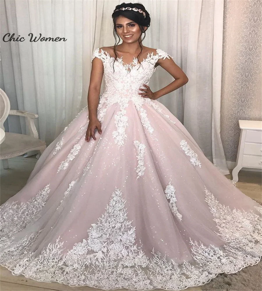 Luxurious Pink Wedding Dress Cap Sleeves Appliques Lace Vestio Novias Princes Bridal Gown Sparkly Shinny Bride Dress Customized