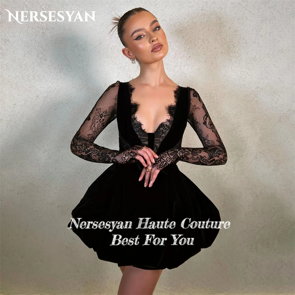 Nersesyan Elegant Black Lace Wedding Dresses Deep V-Neck A-Line Appliques Long Sleeves Bridal Gowns Mini Solid Bride Dress 2024