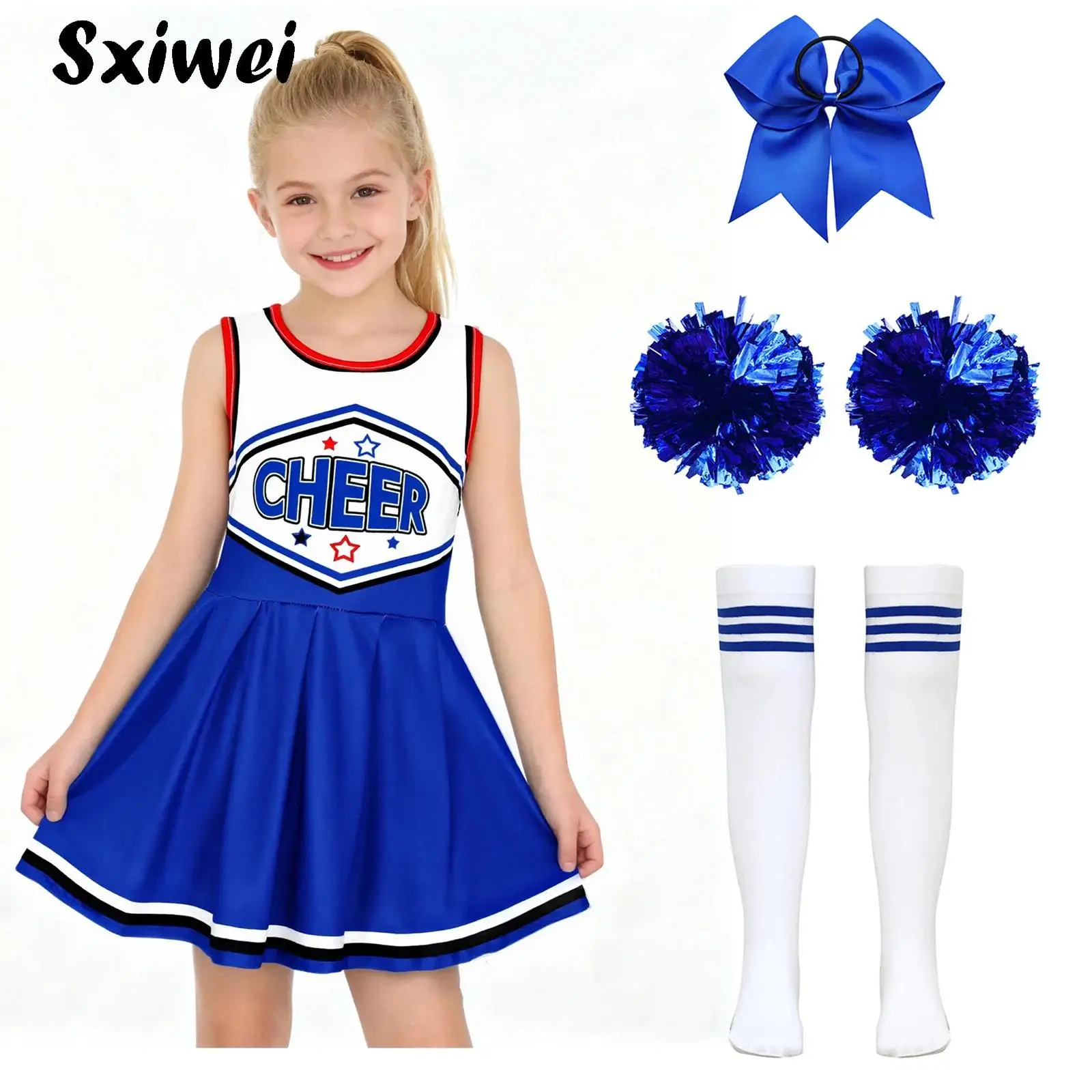 Teen Girls Cheerleading Dance Costume Cheerleader Uniform Outfit Letter Print Sleeveless Pleated Cheer Dress with Headwear Socks