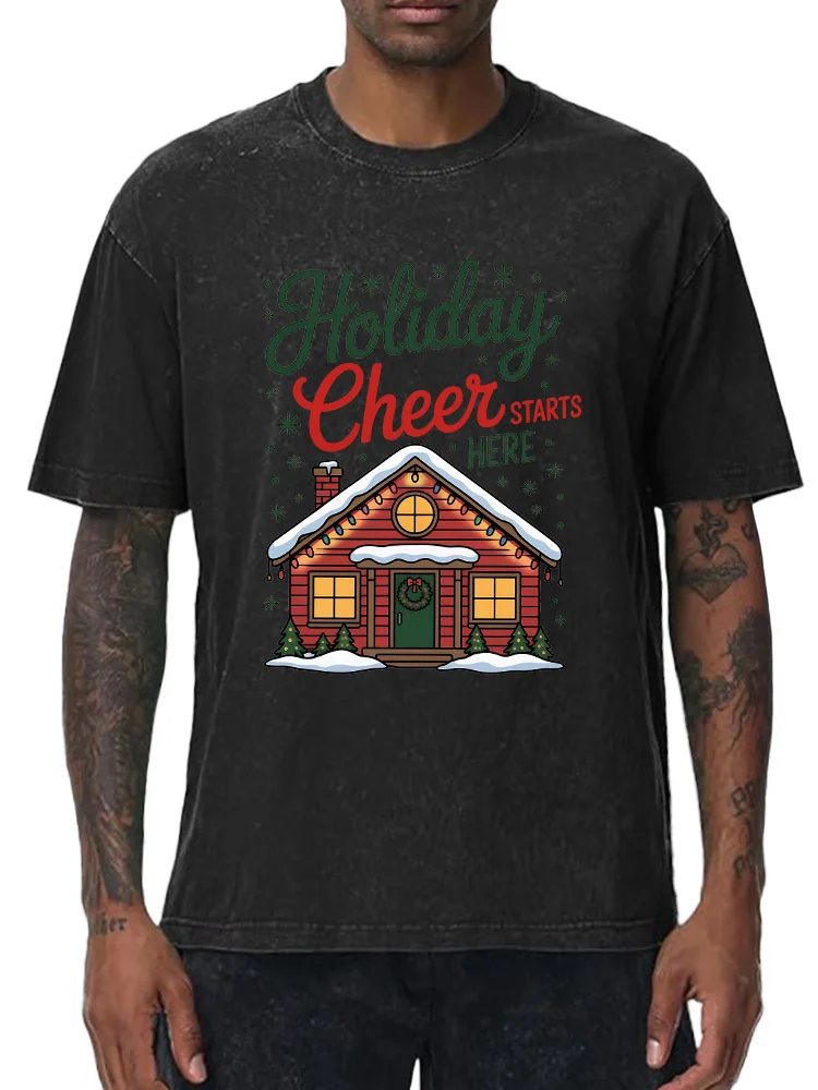 

Holiday Oversized Washed Graphic T-Shirt 100% Cotton Streetwear Tee for Men Vintage Hip Hop Loose Fit Tops
