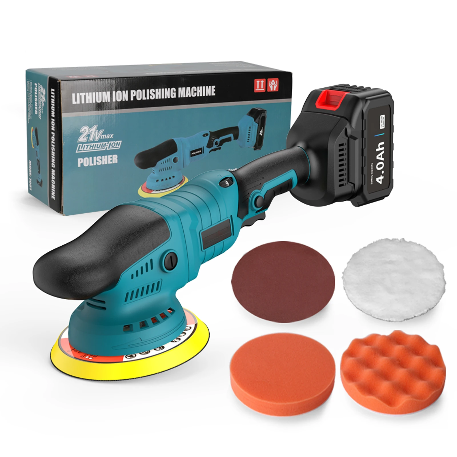 5 Inch 21V Cordless Random Orbital Polisher 2x4000mAh Batteries 6 Variable Speed 9mm Stroke 4-Piece Set for Car Detailing