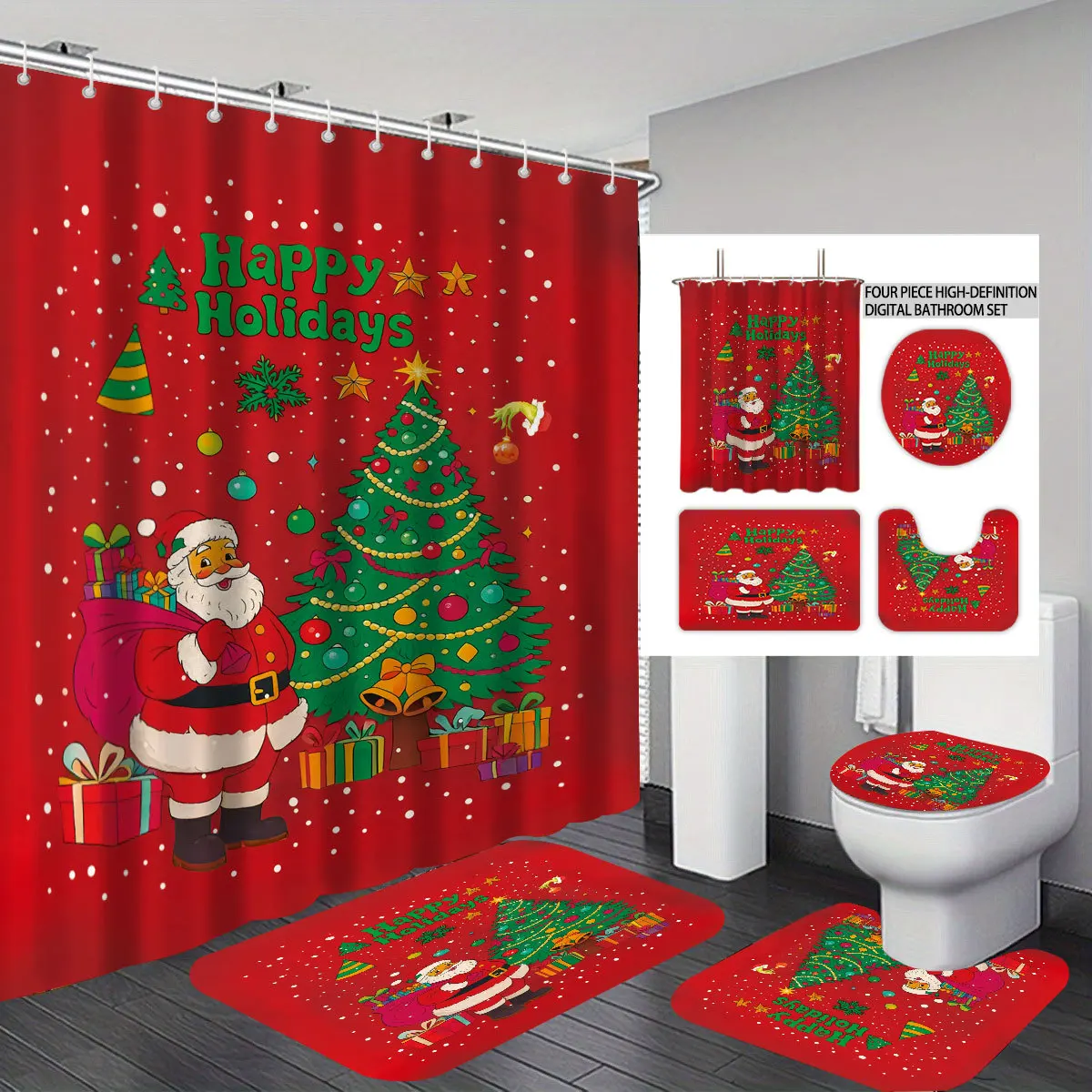 Christmas Polyester Shower Curtain, Waterproof Quick Drying, Fade Mold Resistant, Washable Bathroom Decor Curtain with 12 Hooks