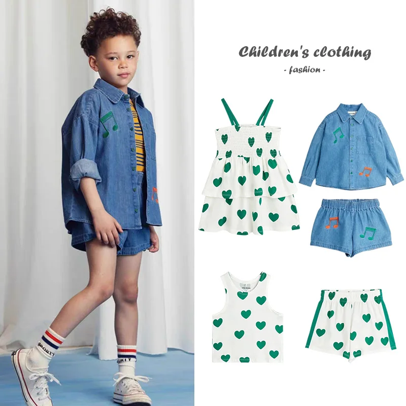 

New Fashion Denim Children's Set 2025 Summer Brand Baby Boys' Shirt Shorts Set Casual Heart Tank Top Girls' Dress Kids Clothes