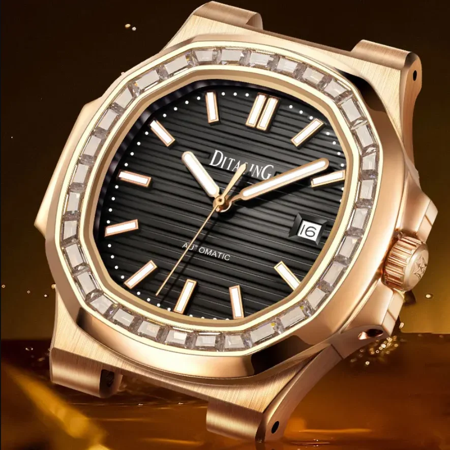 DITALING Men Automatic Watch 42.5mm Square Mechanical Wristwatch Waterproof Luminous Sapphire Mirror Crystal Bezel