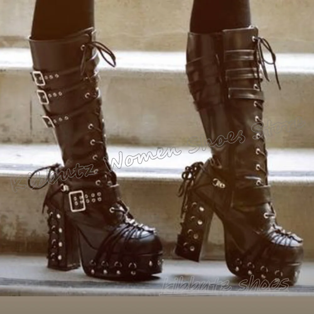 

Gothic Knee High Boots Platform Lace-Up Round Toe Chunky Heel Punk Rock Fashion Novelty Sexy Women Shoes New Leather Solid Color