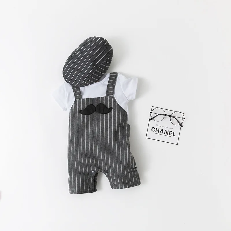 Summer Baby Boys Short Sleeve Gray Stripe Romper With Fake Suspenders and Beret Hat Cute Infant Bodysuit 2pcs Outfit Set