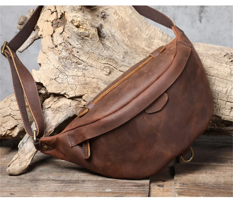 Vintage natural crazy horse cowhide men's chest bag outdoor sports genuine leather crossbody bag fashion designer shoulder bag