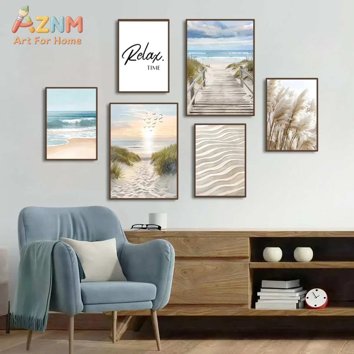 AZNM Coastal Beach Canvas Wall Art Neutral Sand Path Pampas Grass Ocean Sunset Relax Quote Print Poster Boho Seaside Scenery Art
