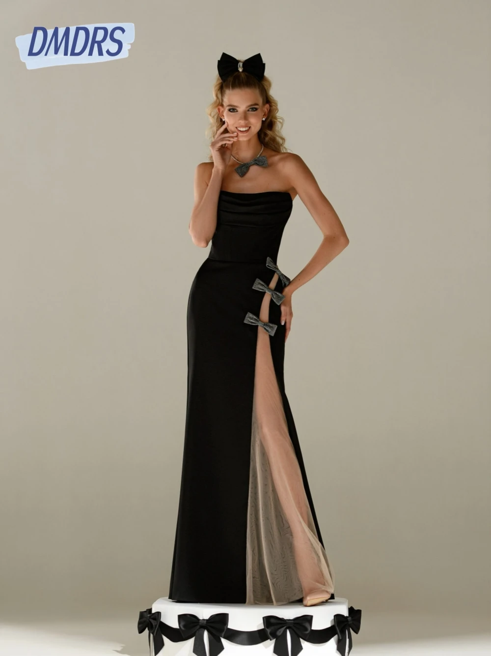 

New Arrival Black Satin Cocktail Women Wear Elegant Bow Chic Customized Prom Gown Strapless Classic Evening Dress Floor-length