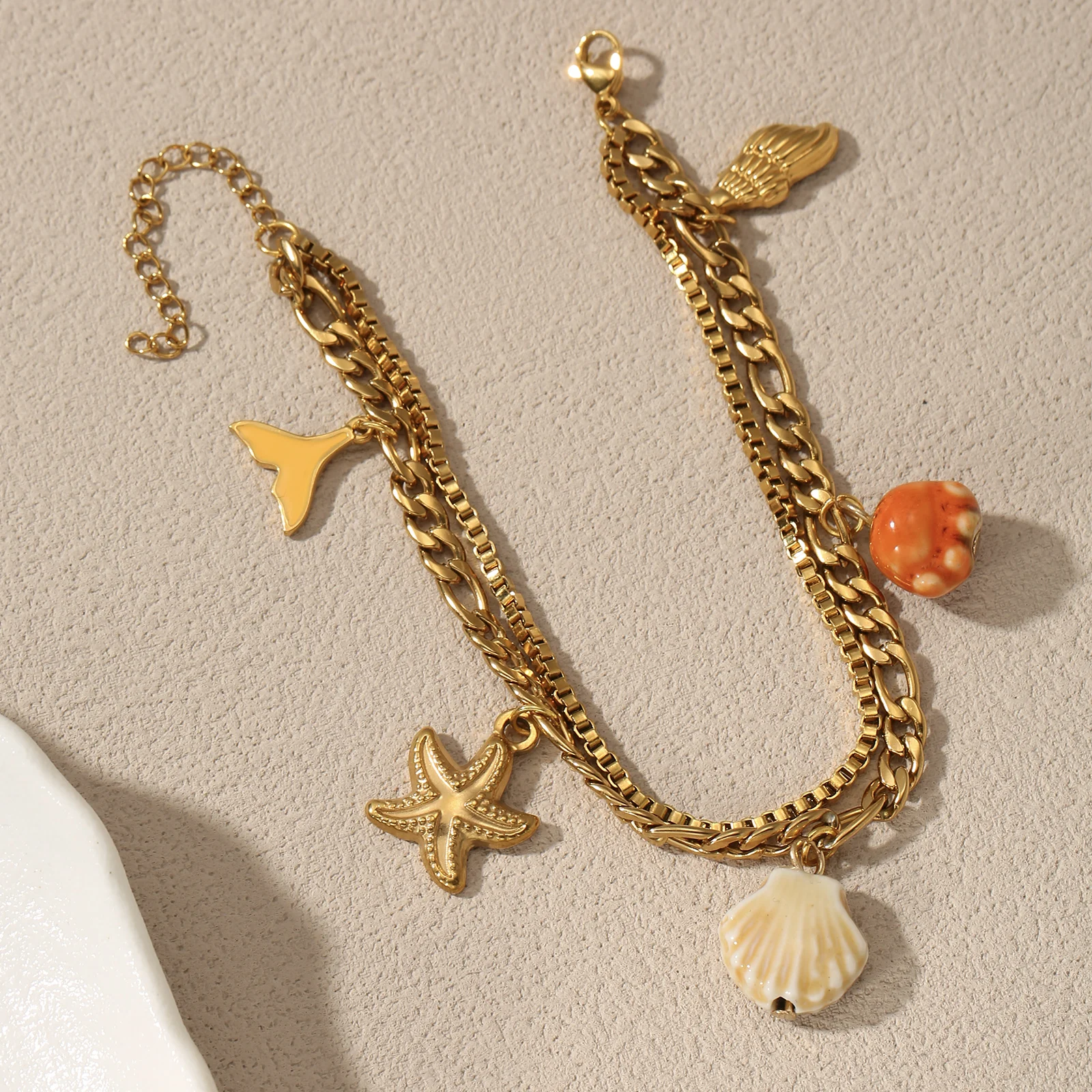 Golden Tone Stainless Steel Ocean Charm Bracelet with Shell Starfish and Octopus Pendants for Women